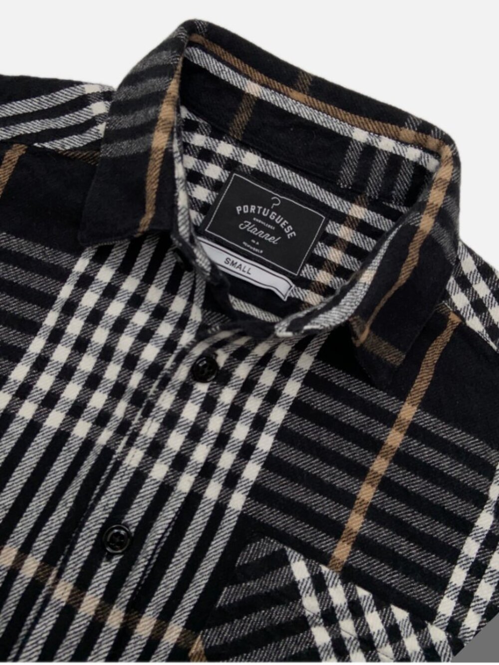Portugese Flannel Black, White and Gold Plaid